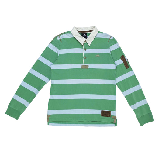 Adidas Striped Green Rugby Polo Long Sleeve L
