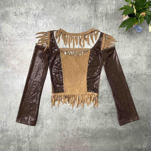 Feeling deadstock brown cut out fringe top - S