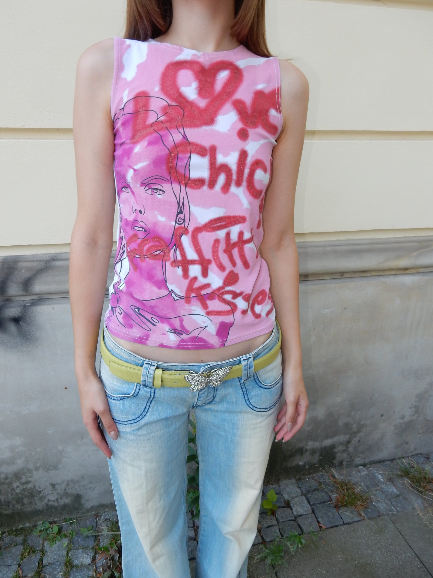 Chic Y2K vintage pink printed top - S/M