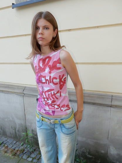 Chic Y2K vintage pink printed top - S/M