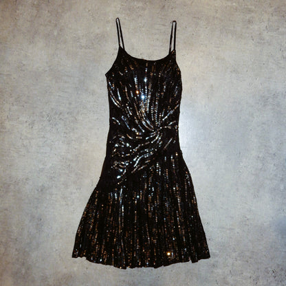 French Designer Vintage Avant Garde Black Silk Sequin Dress - M