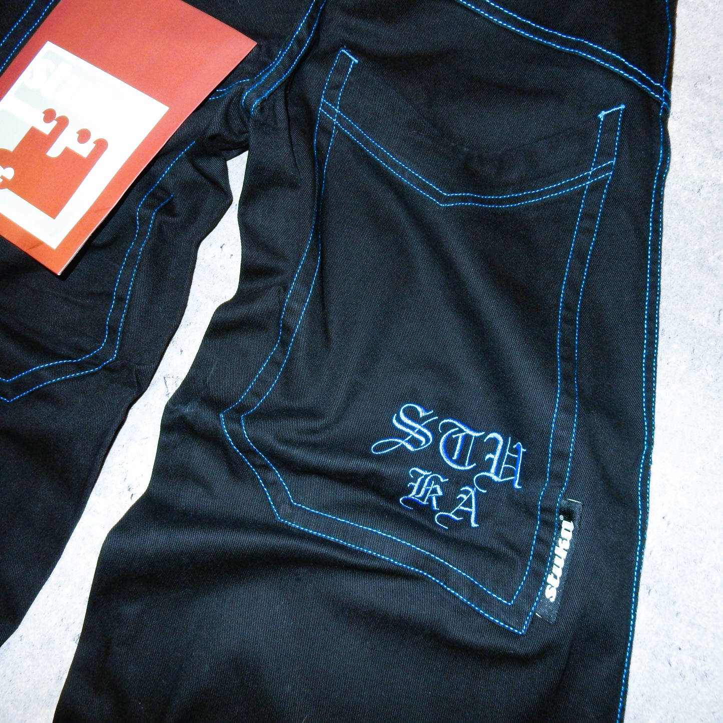 Stuka black baggy jeans blue stitching swag y2k rap - 26