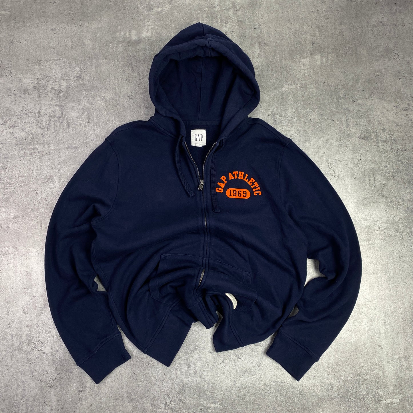 Gap Athletic Dept navy zip-up hoodie with print on the back - M