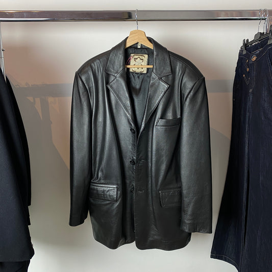 Oversize Vintage Black Leather Blazer - M