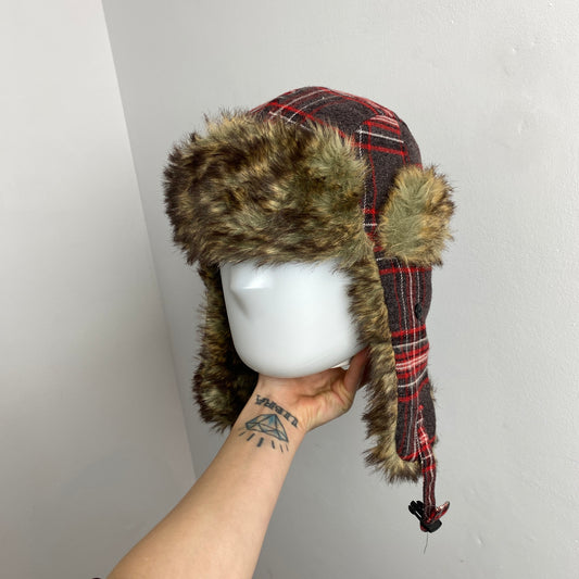 Faux Fur Red Checked Trapper Hat