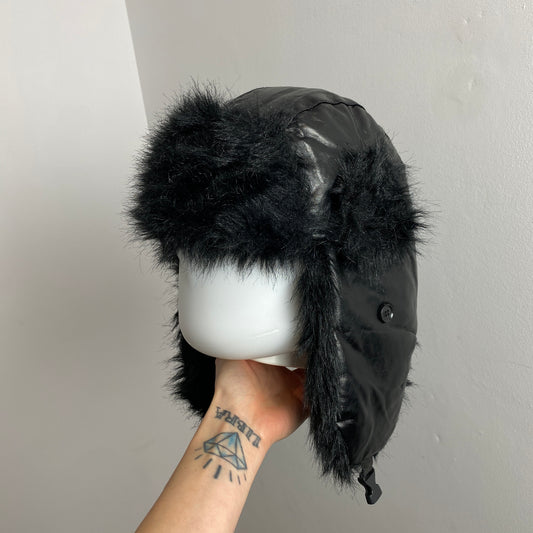 Black Faux Fur Vinyl Trapper Hat