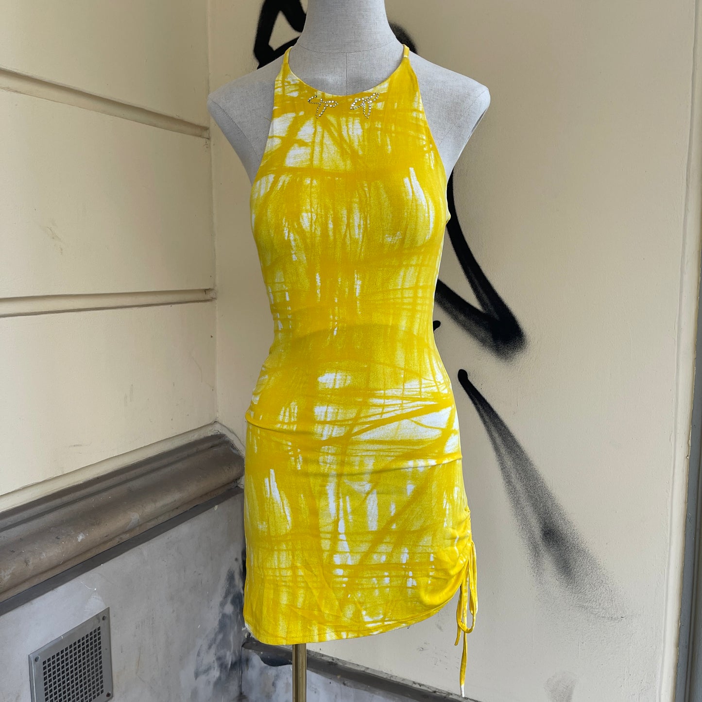 Yellow Tie-Dye Halter Mini Dress - S