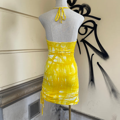 Yellow Tie-Dye Halter Mini Dress - S