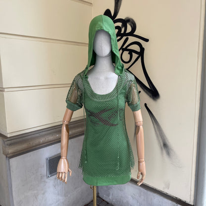 Green Hooded Two Pieces Mesh Dress - S/M