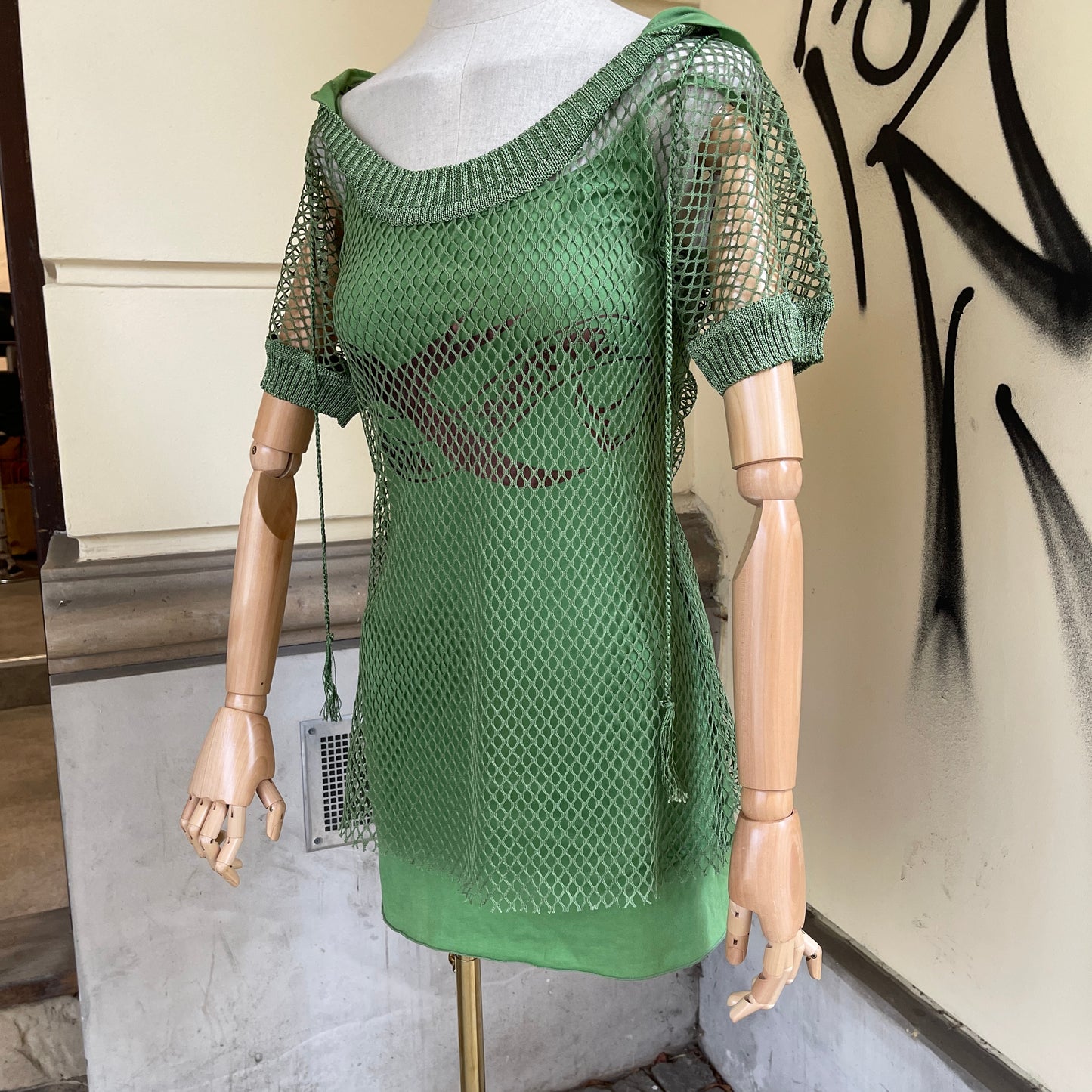 Green Hooded Two Pieces Mesh Dress - S/M