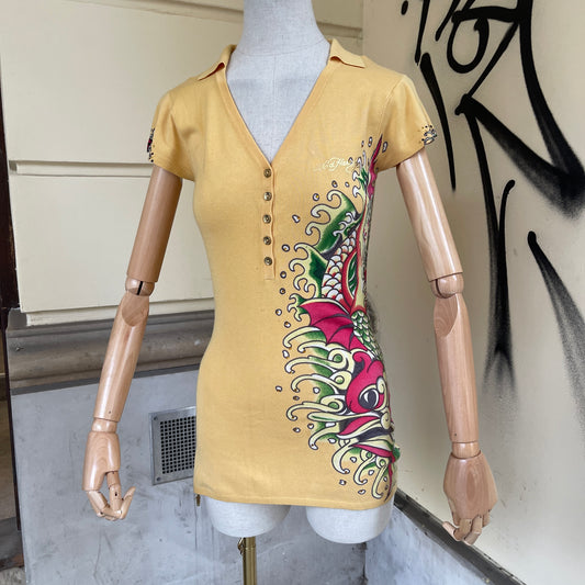 Vintage Ed Hardy v-neck yellow mermaid dress - L