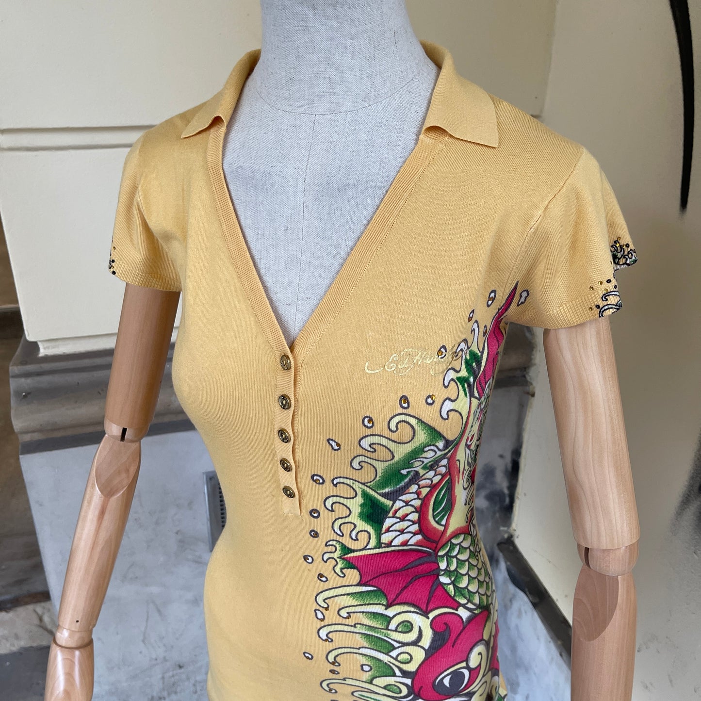 Vintage Ed Hardy v-neck yellow mermaid dress - L