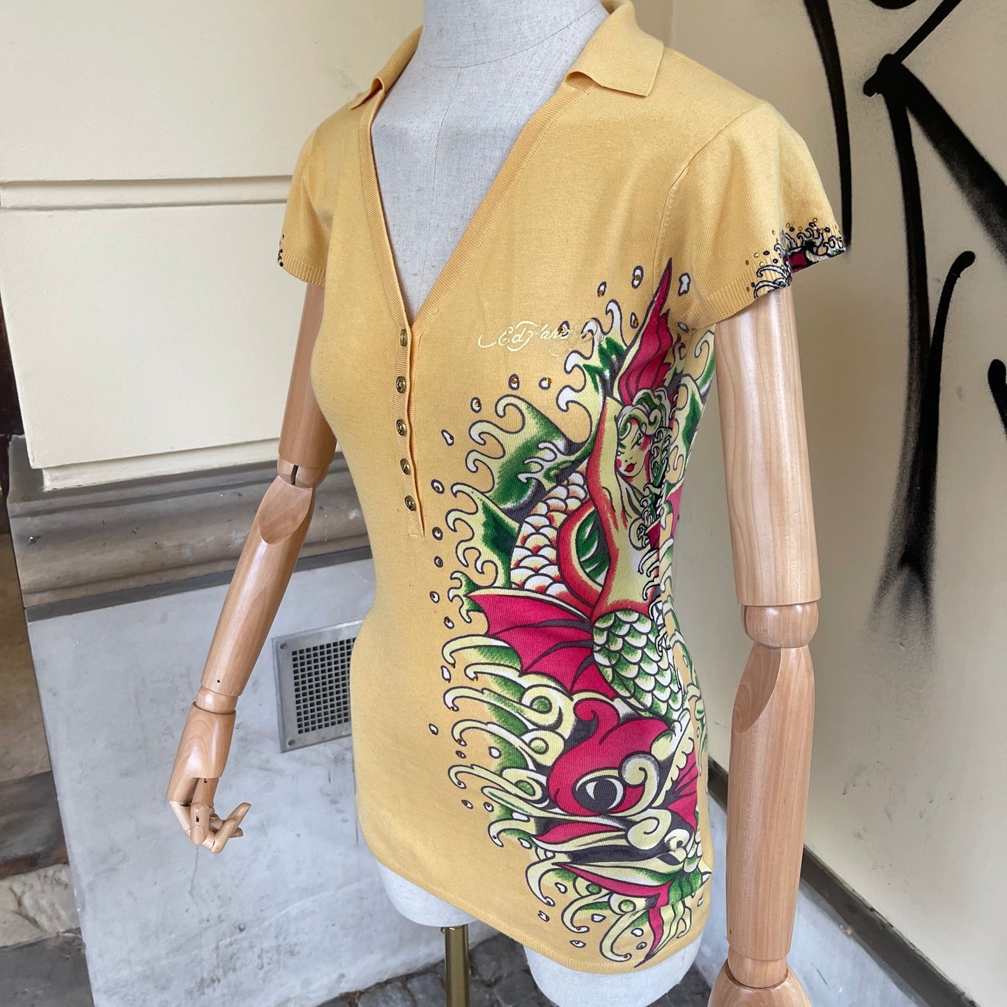 Vintage Ed Hardy v-neck yellow mermaid dress - L