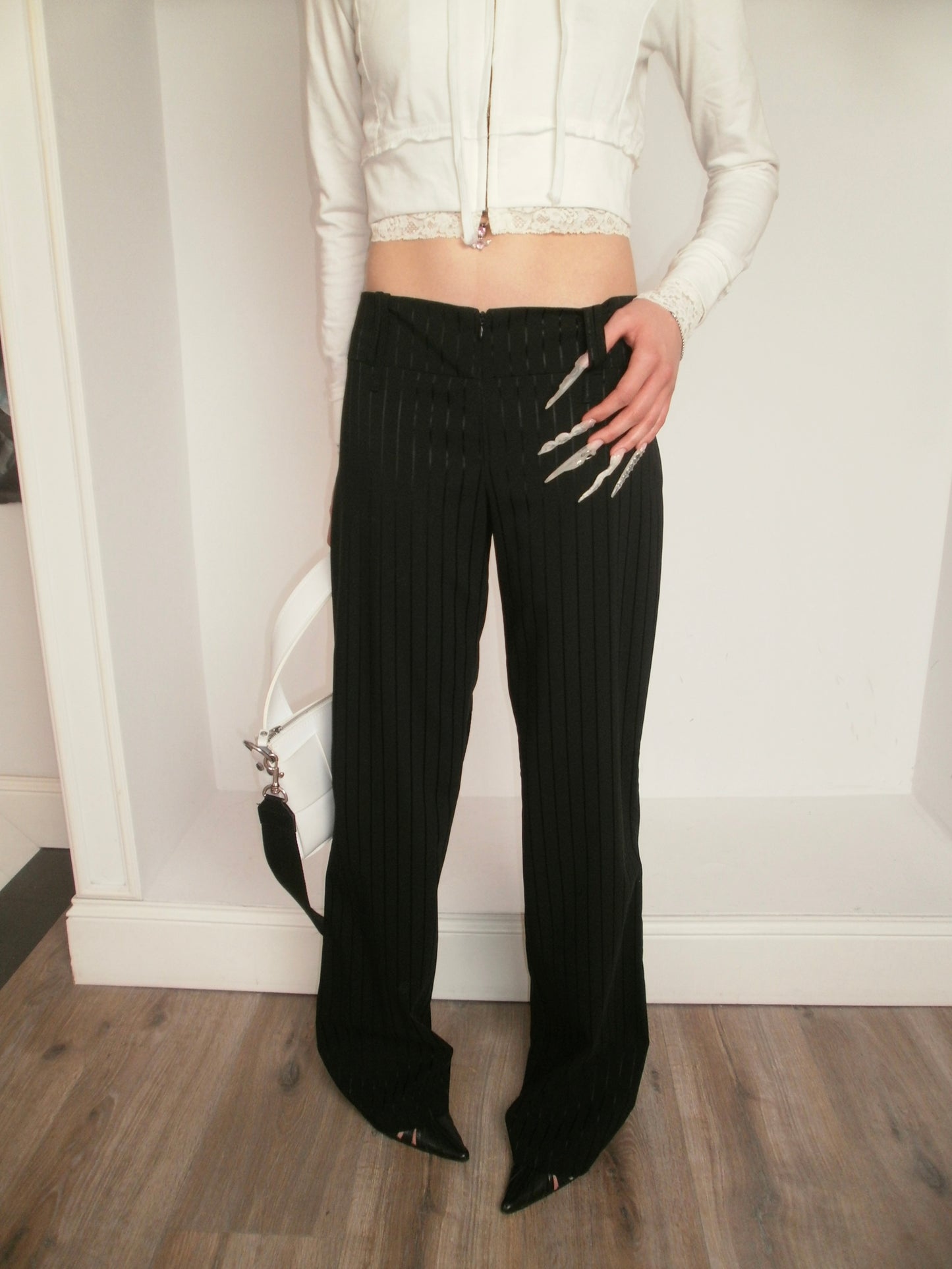 Y2K deadstock office black striped low waist pants - S